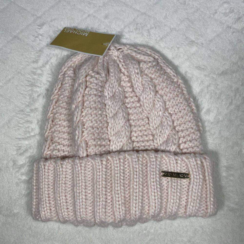 Michael Kors Women's Cable Knit Beanie Light Pink Gold MK Logo One Size NWT